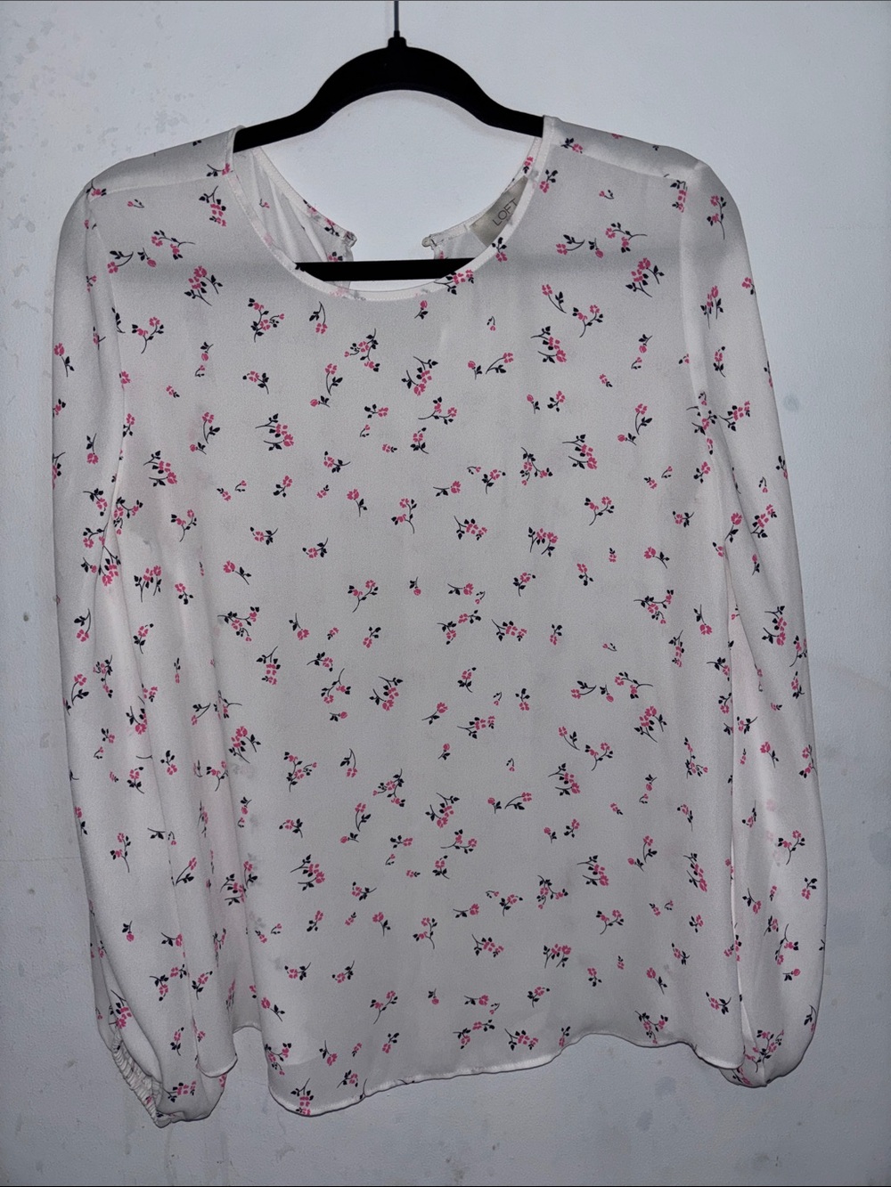 LOFT Cream Long-Sleeve Blouse with Pink Floral Print